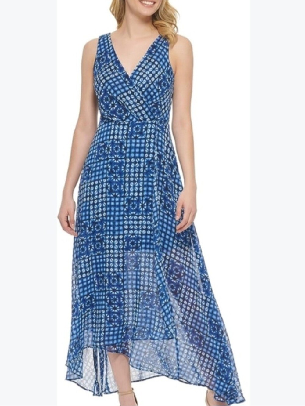 Tommy Hilfiger Blue Patterned V-Neck Wrap Dress 4 Fairy Cocktail Hi Lo Sheer